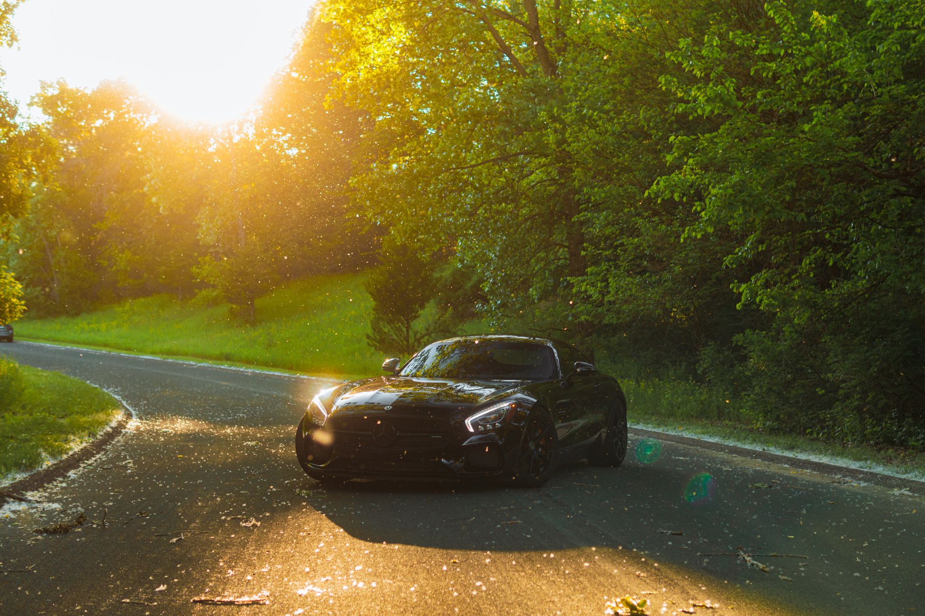 Czarny Mercedes-AMG GT jadący drogą wśród drzew